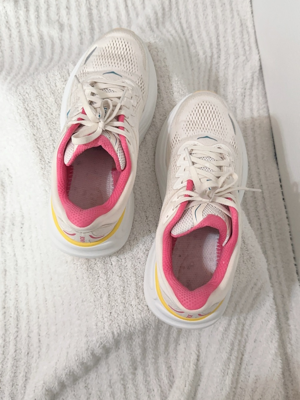 Hoka Women's Bondi 9 Running Shoes — Cream with Pink, Yellow & Teal Accents - Picture 6 of 16